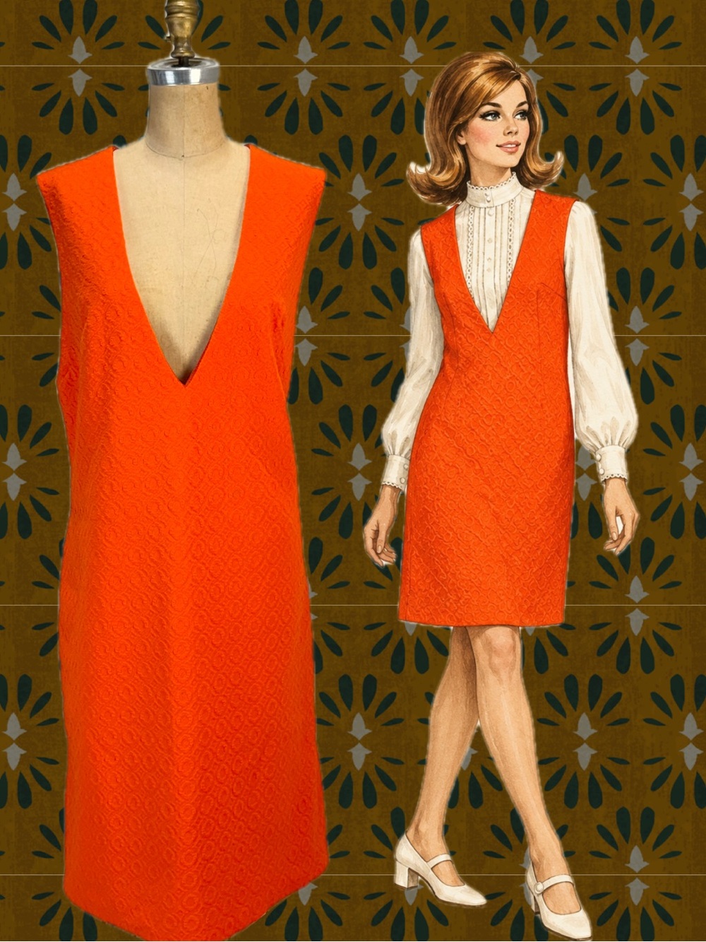 VINTAGE 70s tangerine orange dress jumper sleeveless v neck textured mod 60s MCM